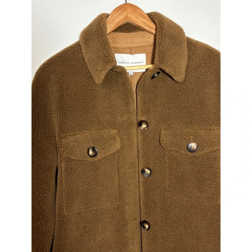 Rebecca Minkoff Shacket Womens L Brown Sherpa Long Teddy Coat Faux Suede Lining - Picture 2 of 11